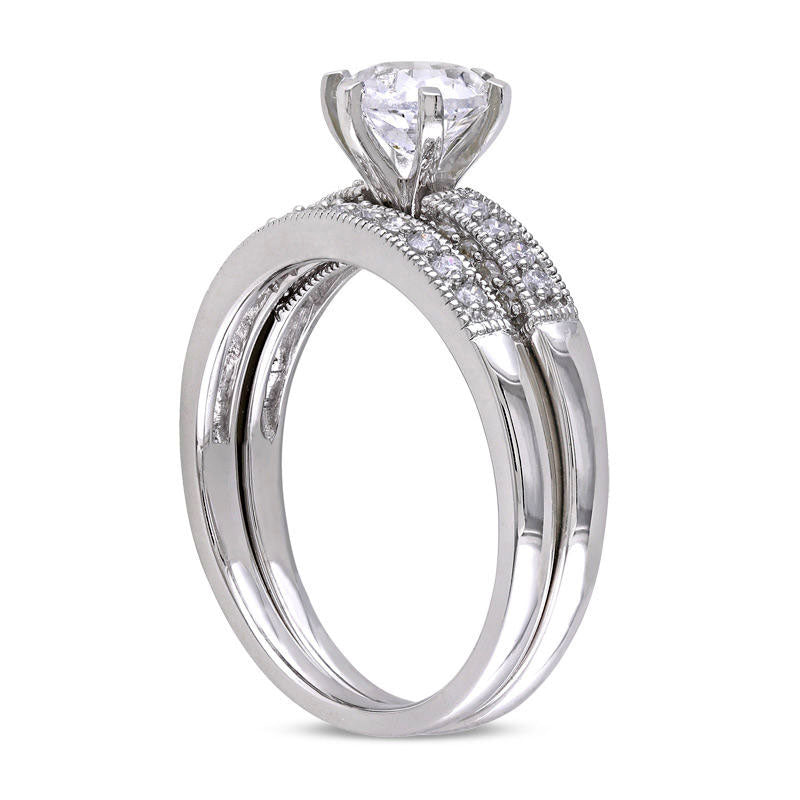 6.5mm Lab-Created White Sapphire and 0.33 CT. T.W. Diamond Bridal Engagement Ring Set in Solid 10K White Gold