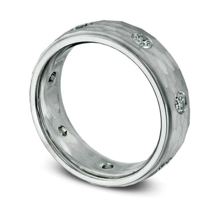 Men's 0.75 CT. T.W. Natural Diamond Hammered Wedding Band in Solid 14K White Gold