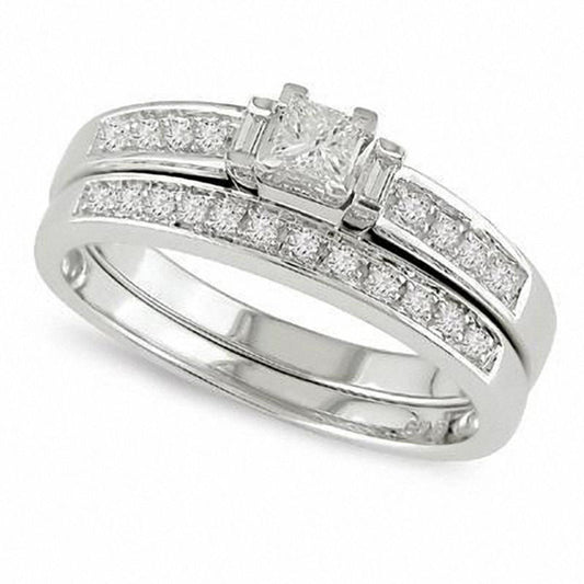 0.33 CT. T.W. Princess-Cut Natural Diamond Three Stone Bridal Engagement Ring Set in Solid 10K White Gold