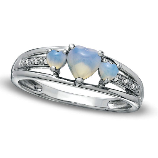 Heart-Shaped Lab-Created Opal and Diamond Accent Three Stone Promise Ring in Solid 10K White Gold