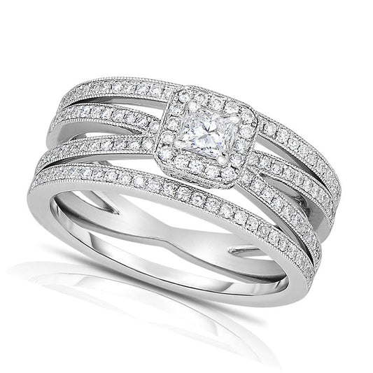 0.75 CT. T.W. Princess-Cut Natural Diamond Split Shank Three Piece Bridal Engagement Ring Set in Solid 14K White Gold
