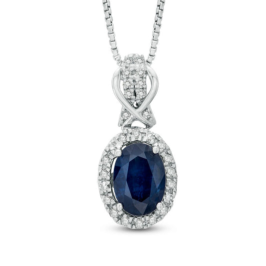 Oval Blue Sapphire and 0.2 CT. T.W. Natural Diamond Pendant in Sterling Silver