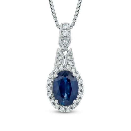 Oval Blue Sapphire and 0.17 CT. T.W. Natural Diamond Pendant in Sterling Silver