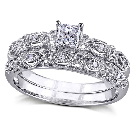 0.33 CT. T.W. Princess-Cut Natural Diamond Antique Vintage-Style Bridal Engagement Ring Set in Solid 10K White Gold