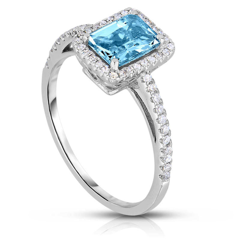 Emerald-Cut Aquamarine and 0.20 CT. T.W. Natural Diamond Frame Ring in Solid 14K White Gold - Size 7
