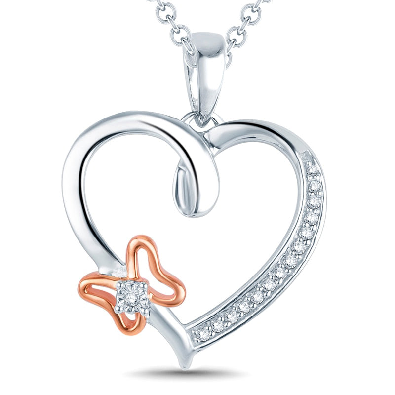 Natural Diamond Accent Heart with Butterfly Pendant in Sterling Silver and 14K Rose Gold Plate