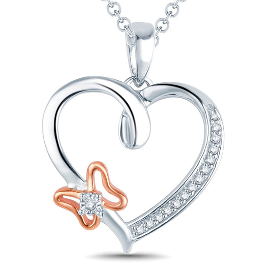 Natural Diamond Accent Heart with Butterfly Pendant in Sterling Silver and 14K Rose Gold Plate