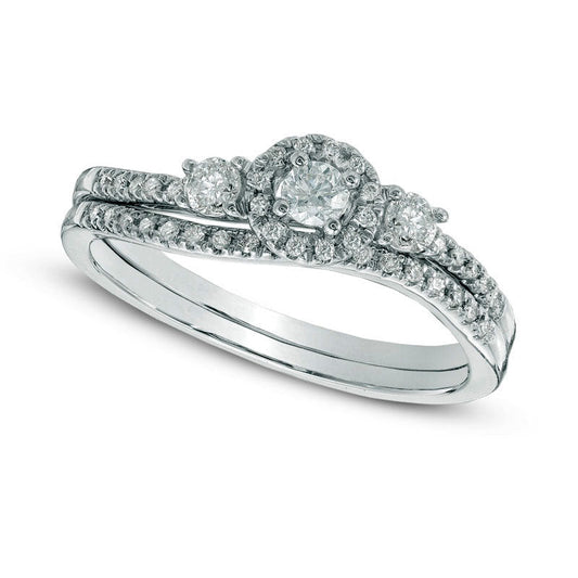 0.38 CT. T.W. Natural Diamond Frame Three Stone Bridal Engagement Ring Set in Solid 10K White Gold