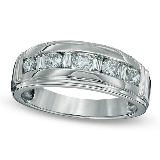 Men's 1.0 CT. T.W. Baguette and Round Natural Diamond Wedding Band in Solid 14K White Gold