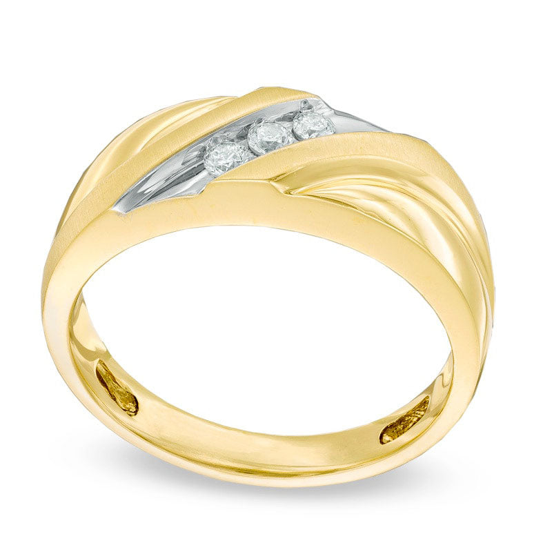 Men's 0.17 CT. T.W. Natural Diamond Slant Three Stone Comfort Fit Wedding Band in Solid 14K Gold