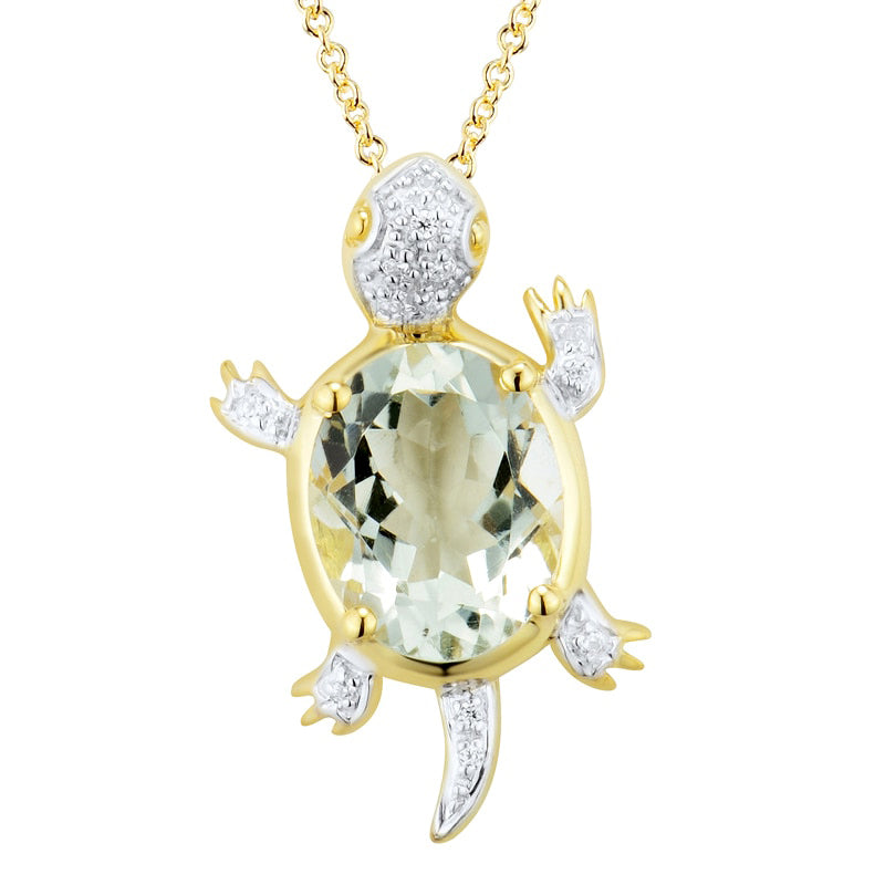 Oval Green Quartz and Natural Diamond Accent Turtle Pendant in Sterling Silver with 14K Gold Plate