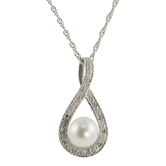 7.0 - 7.5mm Cultured Freshwater Pearl and Natural Diamond Accent Pendant in Sterling Silver