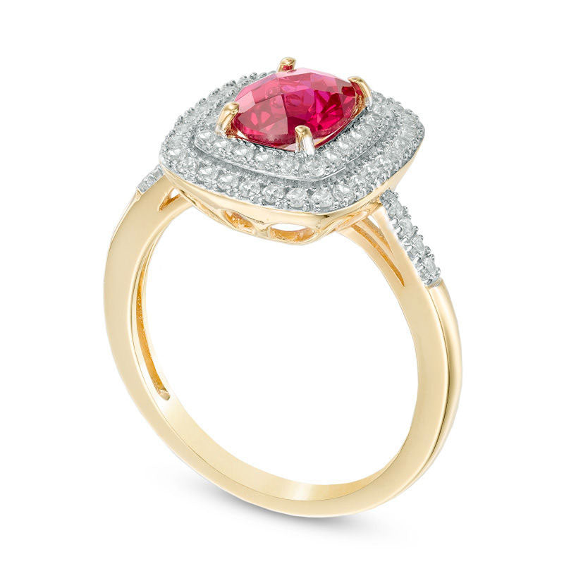 Oval Lab-Created Ruby and White Sapphire Double Frame Engagement Ring in Sterling Silver with Solid 14K Gold Plate
