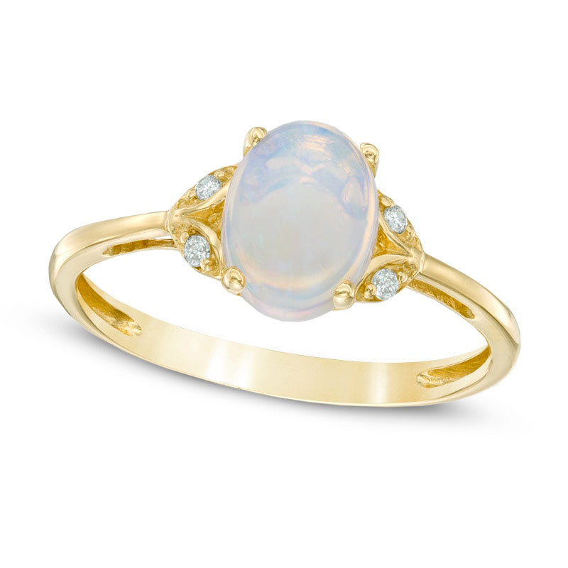 Oval Opal and Natural Diamond Accent Antique Vintage-Style Ring in Solid 10K Yellow Gold