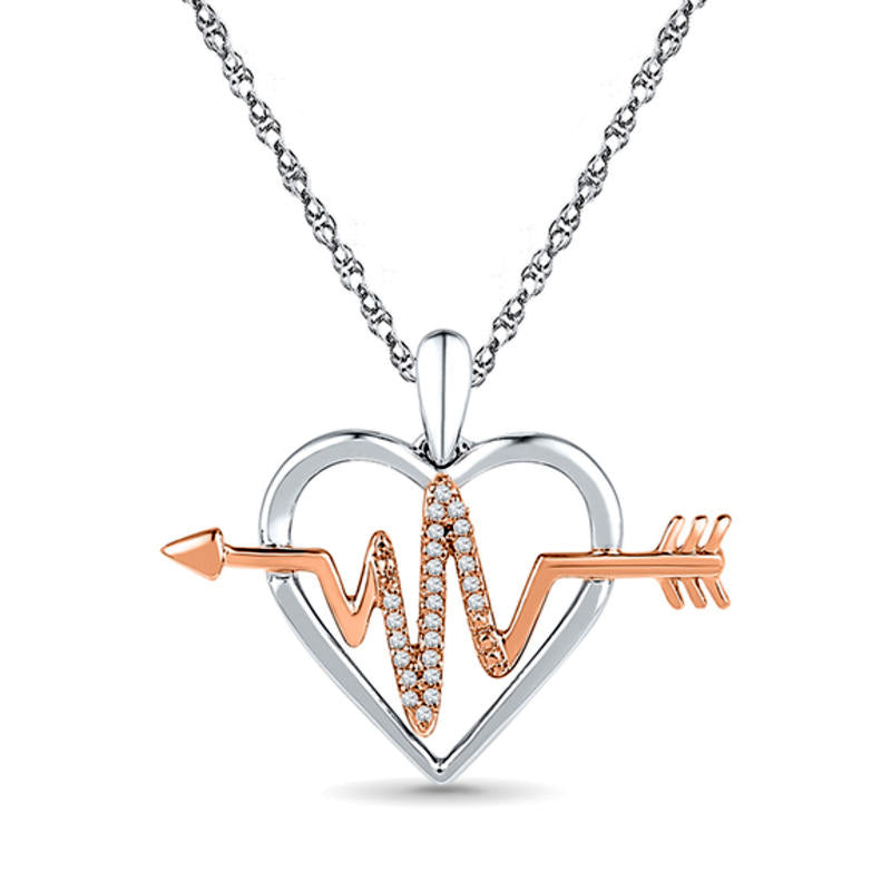 0.07 CT. T.W. Natural Diamond Heartbeat in Heart Pendant in Sterling Silver and 10K Rose Gold