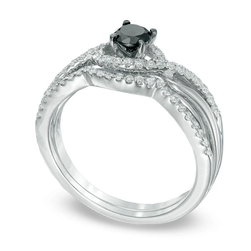 0.50 CT. T.W. Enhanced Black and White Natural Diamond Bypass Bridal Engagement Ring Set in Sterling Silver