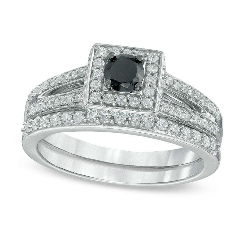 0.50 CT. T.W. Enhanced Black and White Natural Diamond Square Frame Split Shank Bridal Engagement Ring Set in Sterling Silver