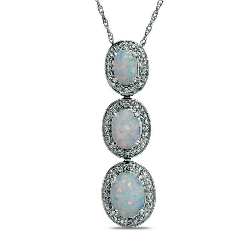 Oval Lab-Created Opal and Diamond Accent Frame Three Stone Pendant in Sterling Silver