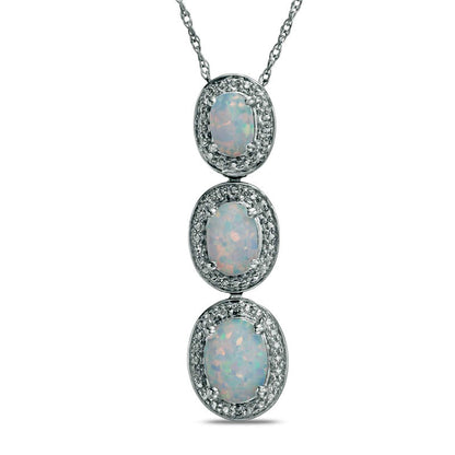Oval Lab-Created Opal and Diamond Accent Frame Three Stone Pendant in Sterling Silver