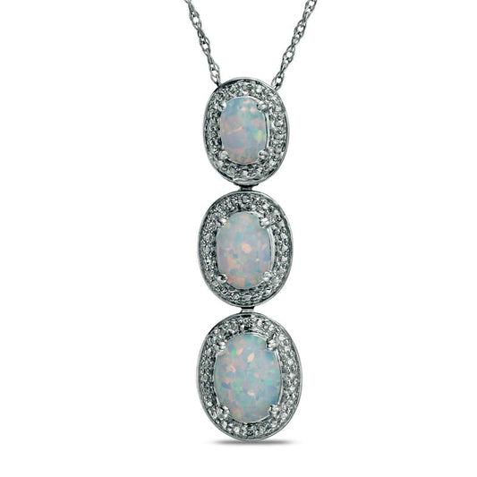 Oval Lab-Created Opal and Diamond Accent Frame Three Stone Pendant in Sterling Silver