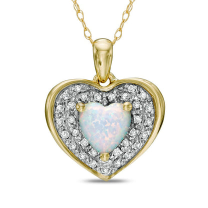 6.0mm Heart-Shaped Lab-Created Opal and 0.13 CT. T.W. Diamond Frame Heart Pendant in 10K Yellow Gold