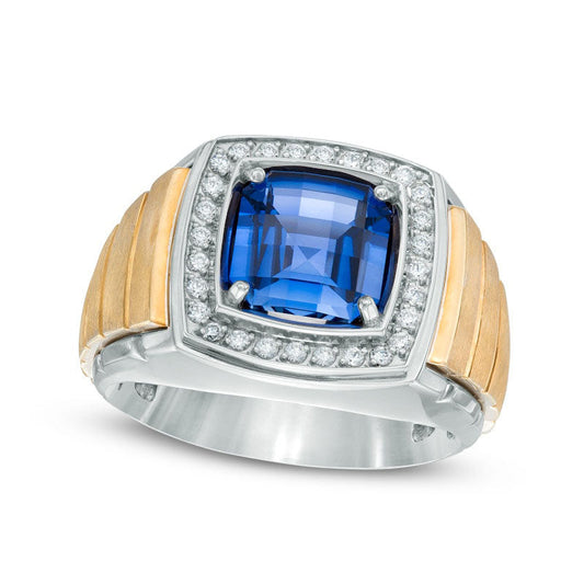 Men's 9.0mm Cushion-Cut Lab-Created Blue Sapphire and 0.25 CT. T.W. Diamond Comfort Fit Ring in Solid 10K Two-Tone Gold