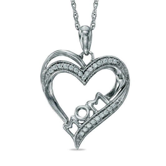 0.1 CT. T.W. Natural Diamond Antique Vintage-Style MOM" Heart Pendant in Sterling Silver"