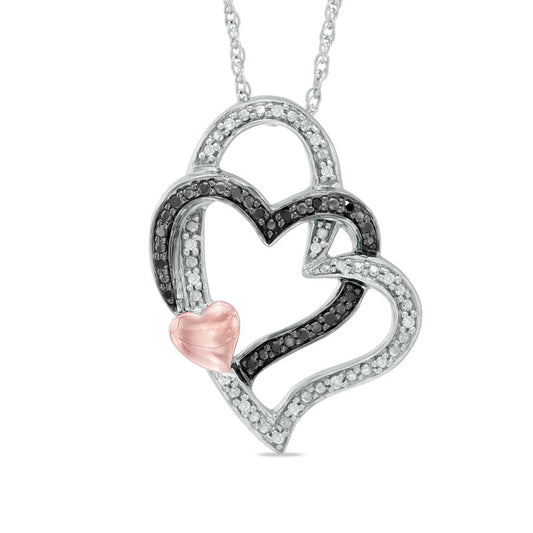 0.1 CT. T.W. Enhanced Black and White Natural Diamond Hearts Pendant in Sterling Silver and 10K Rose Gold Plate