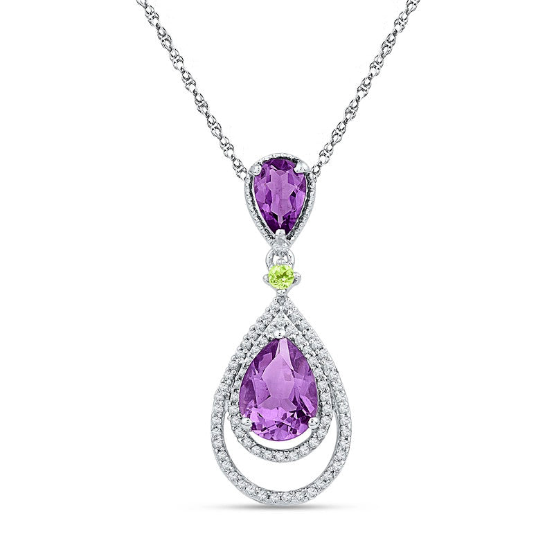 Pear-Shaped Amethyst, Peridot and 0.2 CT. T.W. Natural Diamond Pendant in Sterling Silver