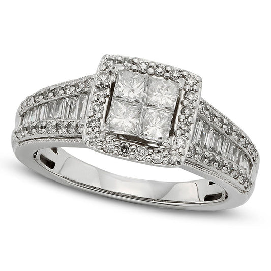 1.0 CT. T.W. Quad Princess-Cut Natural Diamond Frame Engagement Ring in Solid 10K White Gold