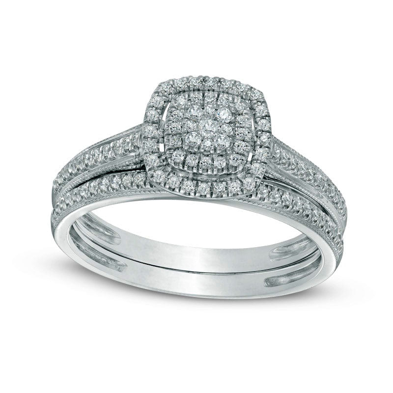 0.33 CT. T.W. Composite Natural Diamond Double Square Frame Antique Vintage-Style Bridal Engagement Ring Set in Solid 10K White Gold