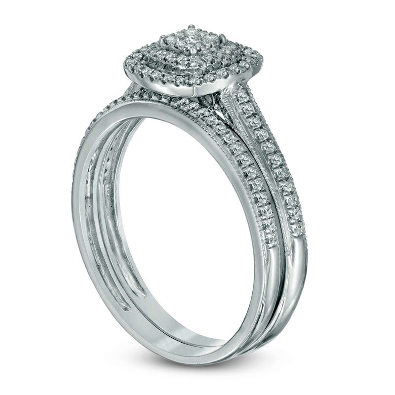 0.33 CT. T.W. Composite Natural Diamond Double Square Frame Antique Vintage-Style Bridal Engagement Ring Set in Solid 10K White Gold