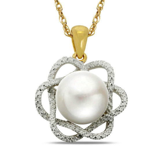 9.5 - 10.0mm Cultured Freshwater Pearl and Natural Diamond Accent Pendant in 10K Yellow Gold