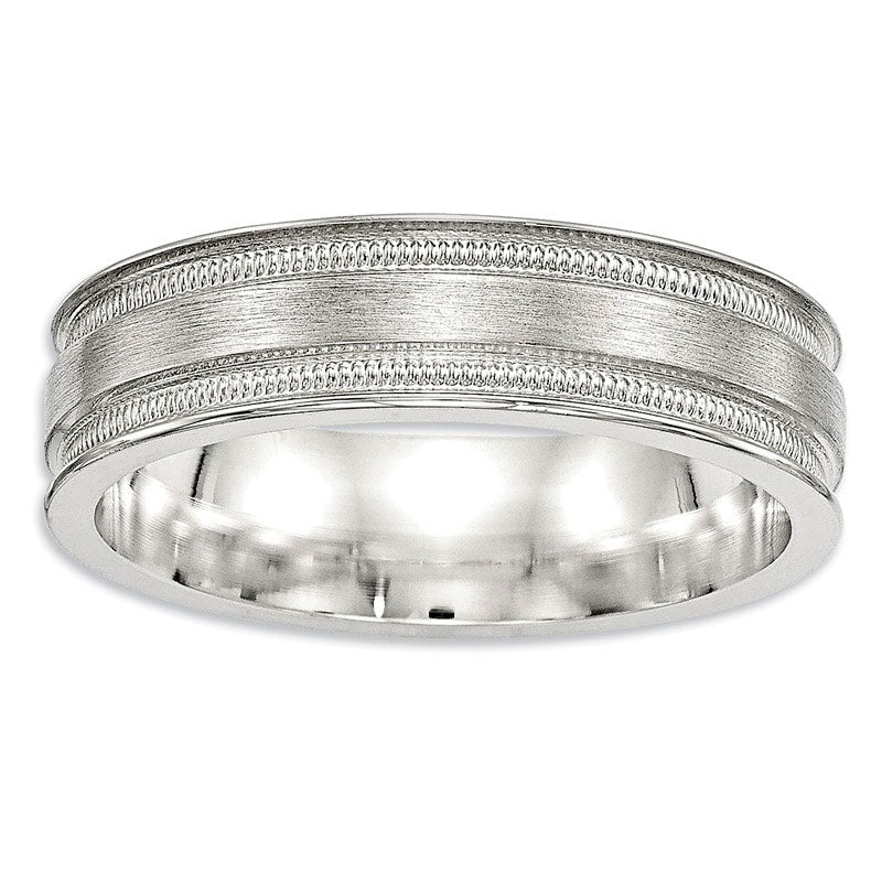Men's 6.0mm Tapered Milgrain Groove Brushed Wedding Band in Sterling Silver