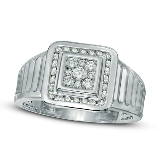 Men's 0.50 CT. T.W. Natural Diamond Square Frame Ribbed Ring in Solid 10K White Gold