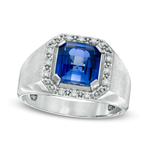 Men's 9.0mm Cushion-Cut Lab-Created Blue Sapphire and 0.13 CT.T.W. Diamond Framed Ring in Sterling Silver