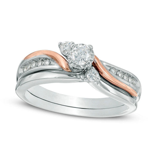 0.33 CT. T.W. Natural Diamond Three Stone Slant Bridal Engagement Ring Set in Solid 10K Two-Tone Gold