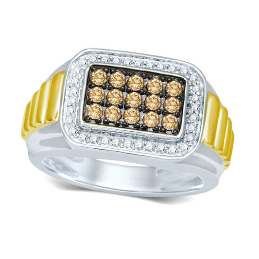 Men's 0.75 CT. T.W. Enhanced Champagne and White Natural Diamond Rectangular Ring in Sterling Silver and Solid 14K Gold Vermeil