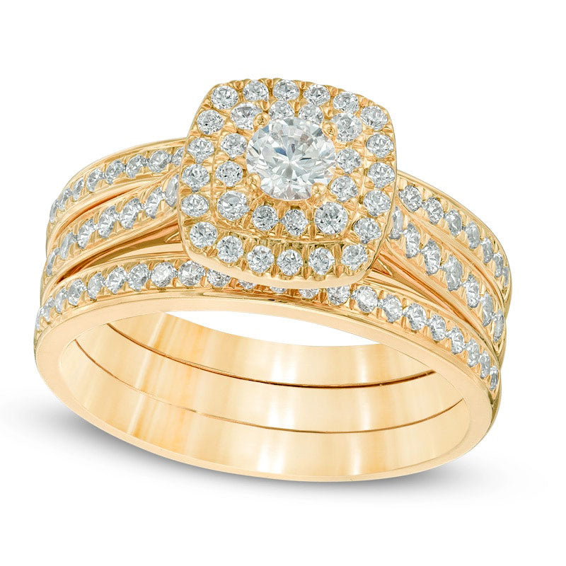 1.0 CT. T.W. Natural Diamond Double Square Frame Three Piece Bridal Engagement Ring Set in Solid 10K Yellow Gold