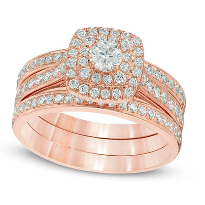 1.0 CT. T.W. Natural Diamond Double Square Frame Three Piece Bridal Engagement Ring Set in Solid 10K Rose Gold