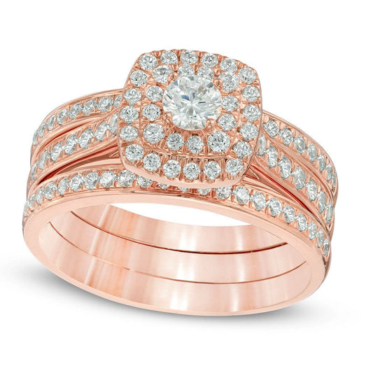 1.0 CT. T.W. Natural Diamond Double Square Frame Three Piece Bridal Engagement Ring Set in Solid 10K Rose Gold