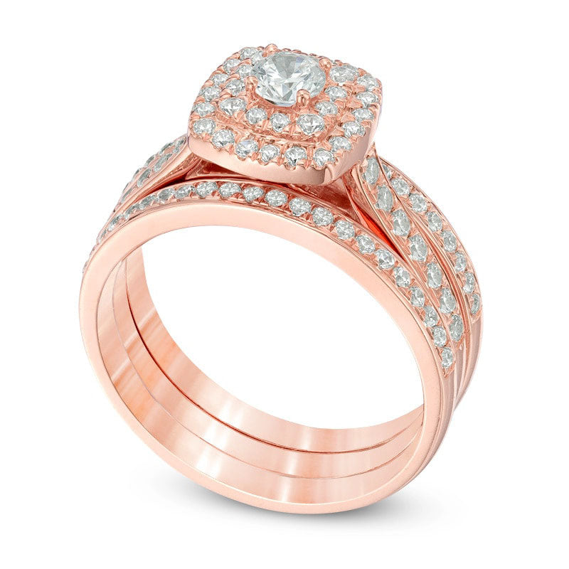 1.0 CT. T.W. Natural Diamond Double Square Frame Three Piece Bridal Engagement Ring Set in Solid 10K Rose Gold