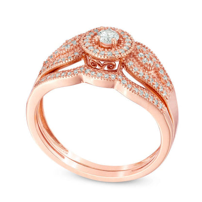 0.25 CT. T.W. Natural Diamond Frame Antique Vintage-Style Split Shank Bridal Engagement Ring Set in Solid 10K Rose Gold