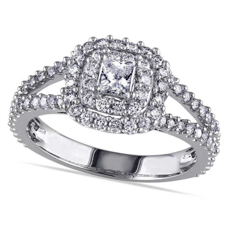 1.0 CT. T.W. Princess-Cut Natural Diamond Double Frame Split Shank Engagement Ring in Solid 14K White Gold