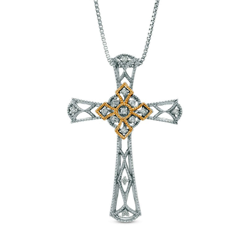 0.1 CT. T.W. Natural Diamond Antique Vintage-Style Cross Pendant in Sterling Silver and 14K Gold