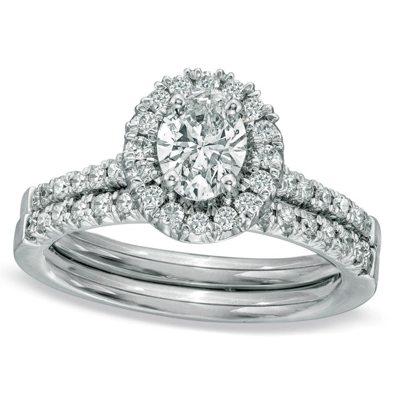 0.75 CT. T.W. Oval Natural Diamond Frame Bridal Engagement Ring Set in Solid 14K White Gold