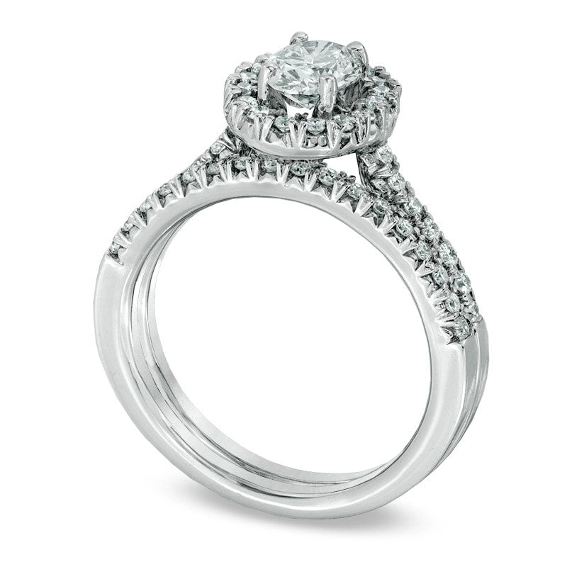 0.75 CT. T.W. Oval Natural Diamond Frame Bridal Engagement Ring Set in Solid 14K White Gold