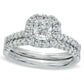0.63 CT. T.W. Cushion-Cut Natural Diamond Frame Bridal Engagement Ring Set in Solid 14K White Gold