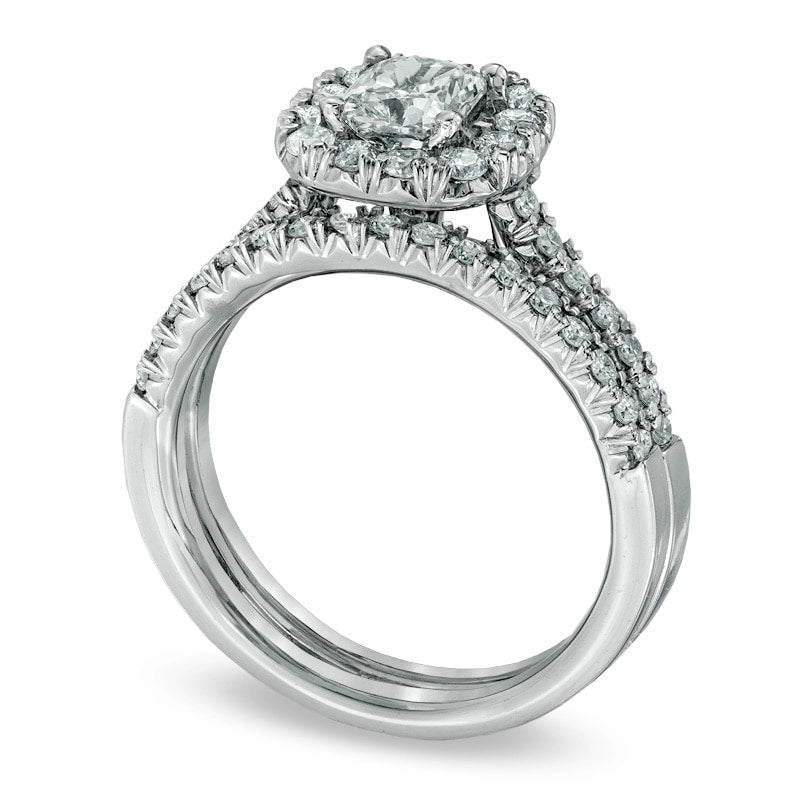 0.63 CT. T.W. Cushion-Cut Natural Diamond Frame Bridal Engagement Ring Set in Solid 14K White Gold