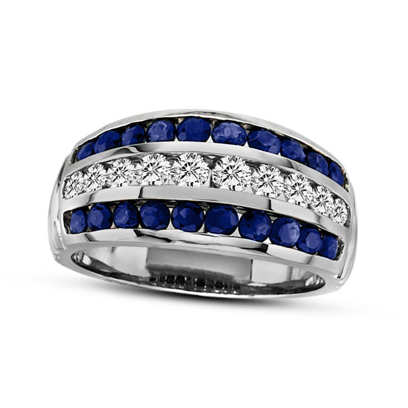 Blue Sapphire and 0.50 CT. T.W. Natural Diamond Three Row Band in Solid 14K White Gold